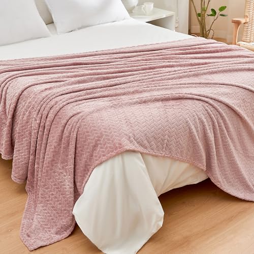 Rendile - Manta grande, 200 x 230 cm, franela forro polar, tamaño King, 300 g/m², tejido jacquard suave, patrón de hojas, manta de lujo para cama y sofá, color rosa
