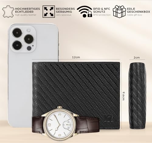 Men's Leather Wallet | RFID Blocking | Bifold Trifold Wallet | Landscape Format | Coin Pocket | 13 Card Slots | Reinforced Seam | Gift Box | Carbon3