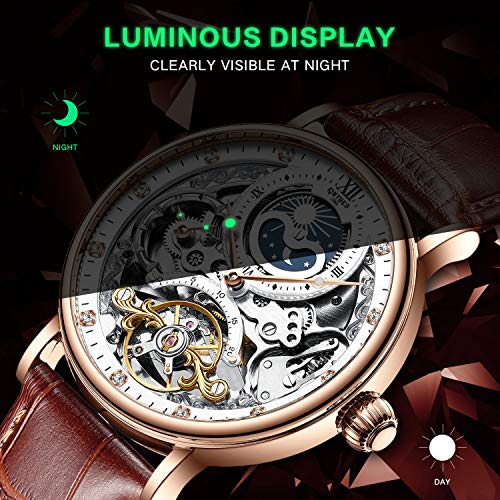 Ik Colouring Mens Luxury Skeleton Automatic Mechanical Wrist Watches Leather Moon Phrase Luminous Hands Self-Wind Watch #TOP5