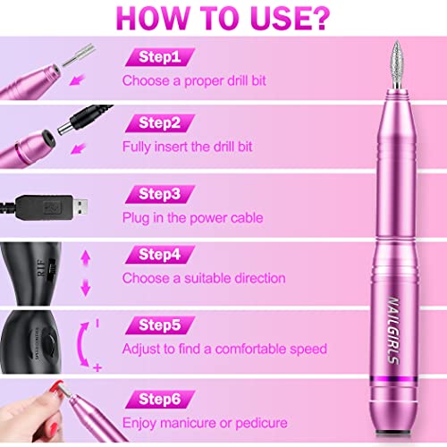 NAILGIRLS Electric Nail File, Portable Nail Drill USB 25000RPM Professional Nail Drill Machine for Acrylic Gel Nails Efile E File Manicure Pedicure Polishing Shape Tools for... - Image 6