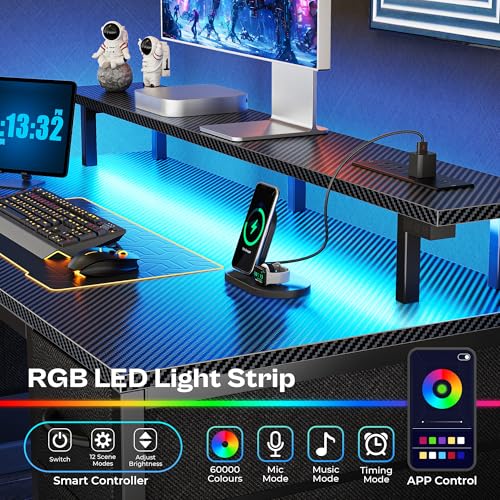 Image of Huuger 47 inch Computer Desk with 4 Drawers, Gaming Desk with LED Lights & Power Outlets, Home Office Desk with Large Storage Space for Bedroom, Work from Home, Carbon Fibre Black