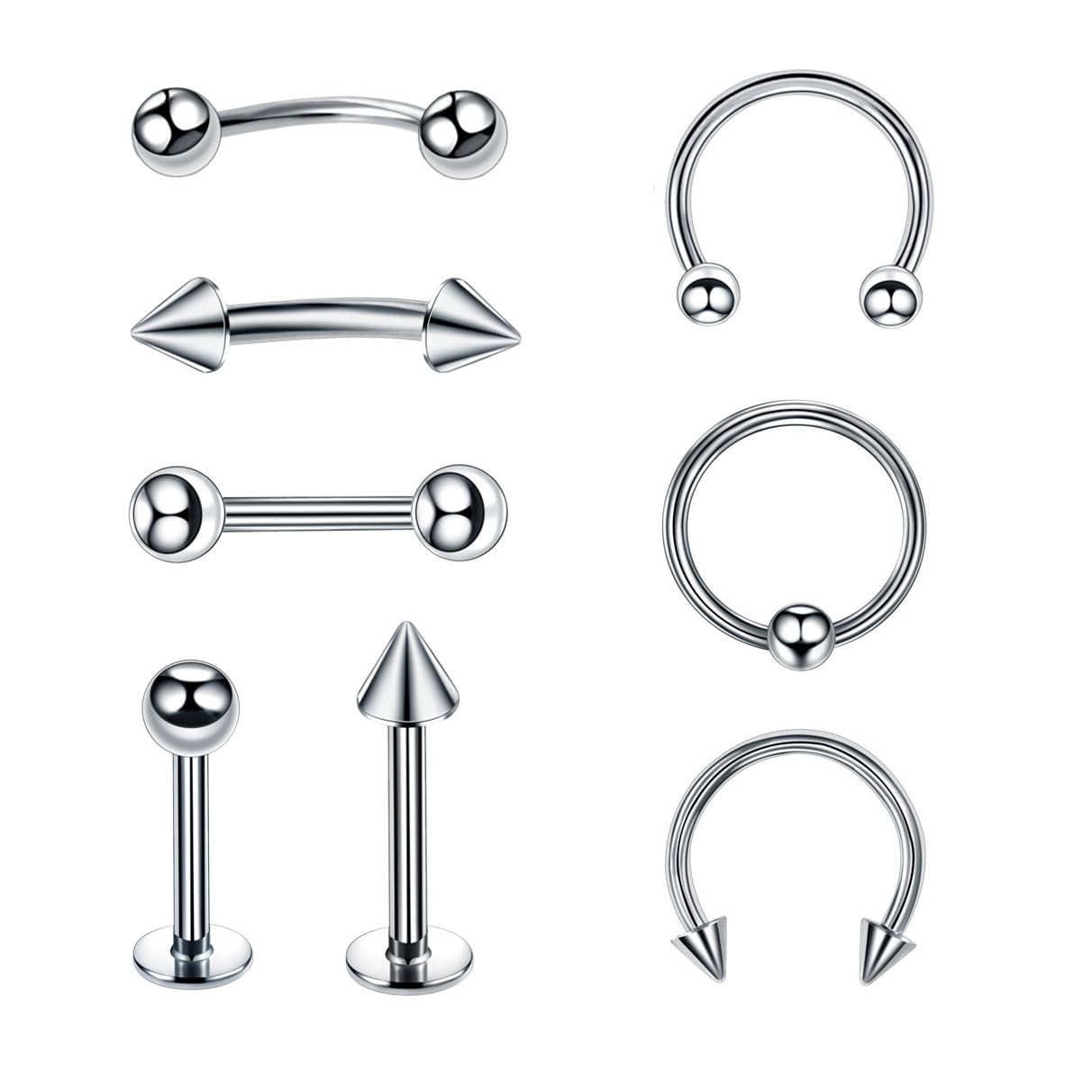 Decentraland 8 barras de acero quirúrgico de plata de 16 g, curvadas, con forma de herradura, pico, ojos de serpiente, lengua, pezón, vientre, ceja, nariz, tragus, cartílago, boca, piercing, joyería para mujeres y
