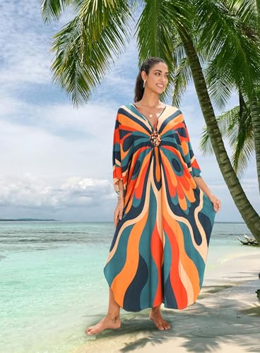 Image of Yanziliu Kaftan Dress for Women,Plus Size Hawaiian Batwing Sleeve Beach Cover Up Summer Swimsuit Dresses
