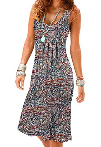 Image of Camisunny Women Casual Loose Tank Dresses Sleeveless Beach Vacation Dress Swing Pleated U Neck Fashion Soft