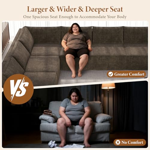 Image of Vesgantti 143.7 inch Boneless Couch for Living Room, 6 Seater Modular Sectional Sofa with Ottoman & Deep Seat, Convertible Chenille Oversized Cloud Couches, No Assembly Required, Dark Brown