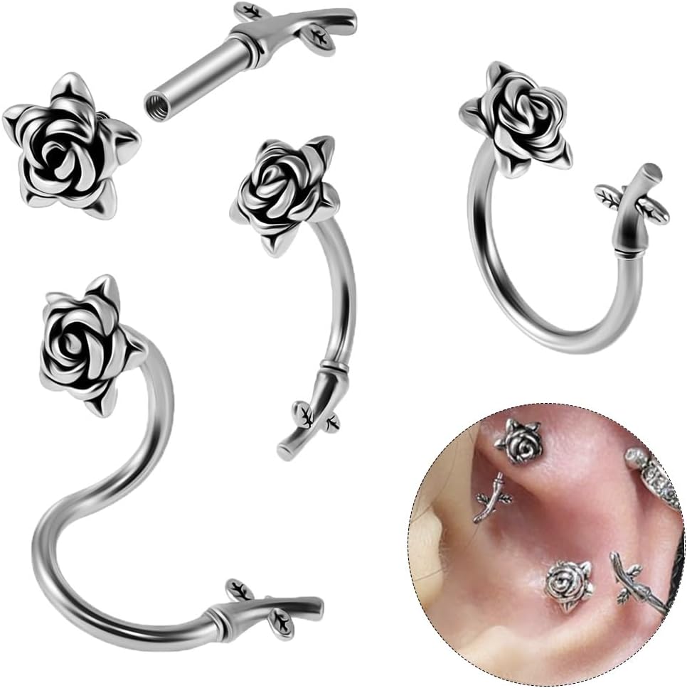 Rose Flower Twist Helix Earrings Spiral Barbell Labret Lip Rings Stainless Steel Cartilage Conch Tragus Earrings Hypoallergenic Body Piercing Jewelry for Women 2Pcs - Image 2