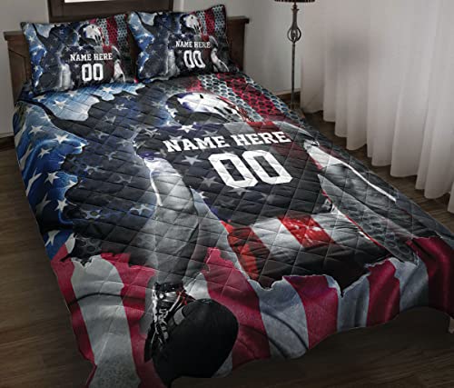 Custom American Football Player American Flag Pattern Personalized Name Number Quilt Blanket & Pillowcases, Quilts Bedding Set & Pillow Cover, King Queen Double Twin Throw Full Size Bedspread Bed Sets