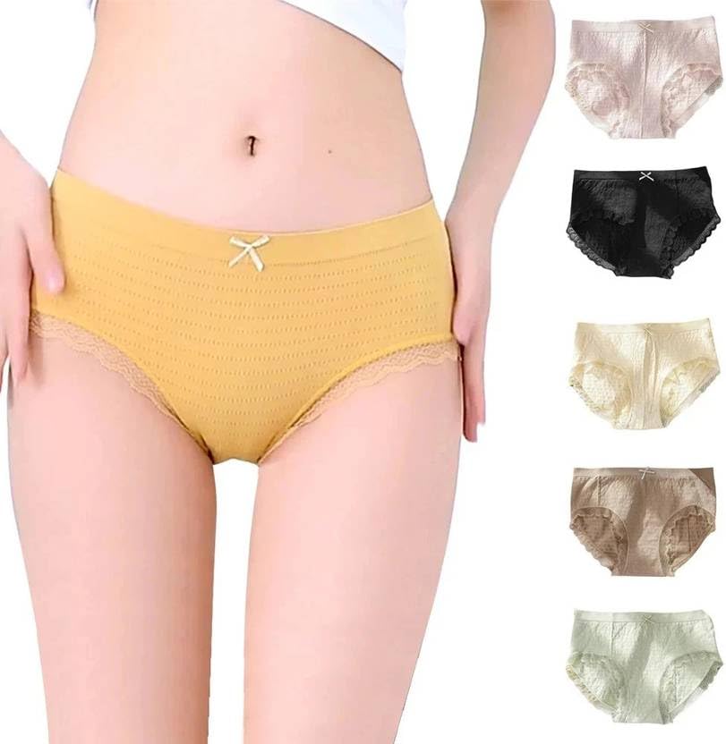 Women's Cotton Lace Trim Panties, Mid-Rise Underwear with Bow Detail, Multiple Colors Available, Textured Fabric Briefs-image-48