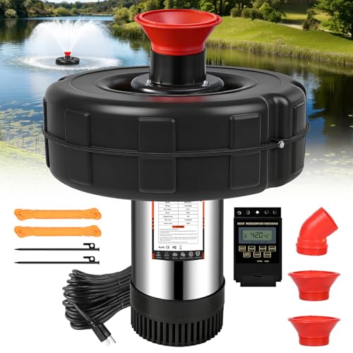 Pond Fountain Aerator, 1HP 110V 750W 15000 GPH Floating Fountain Pump with 100 FT Power Cord, 2 x 100 FT Rope, Timer, Fully Automatic Powerful Aerating Fountain for Larger Ponds, Lakes
