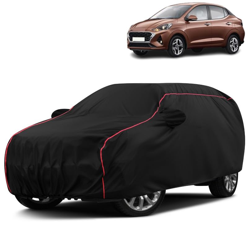 Water-Resistant Dustproof Car Cover for Hyundai Aura - Mirror Pocket, UV Protection, Scratch Guard, Buckle Belt, Front & Back Bottom Elastic with Red Piping - Black-image-26