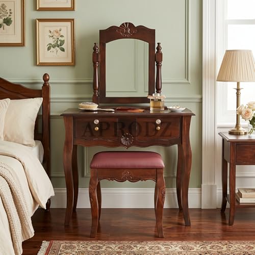 Image of APRODZ Solid Wood Dressing Table with Mirror Brown Vanity Table with Storage for Bedroom Living Room Pre-Assembled Home Furniture with Mirror Makeup & Accessories Storage Organizer with 2 Drawers