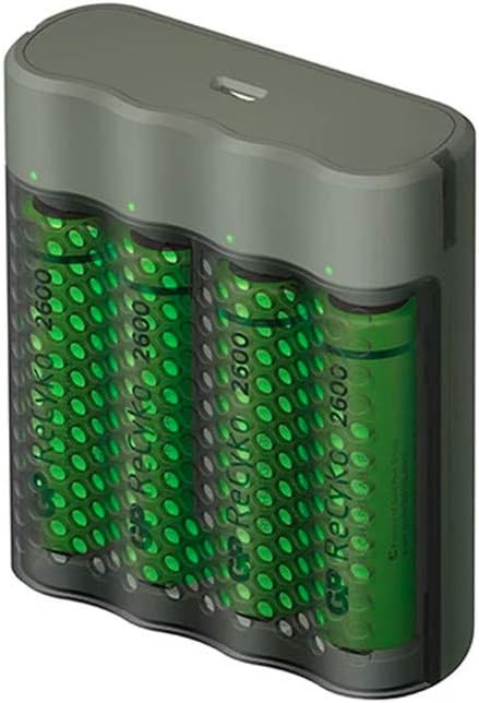 Angled view of RECYKO Speed Charger with batteries, showing LED indicators