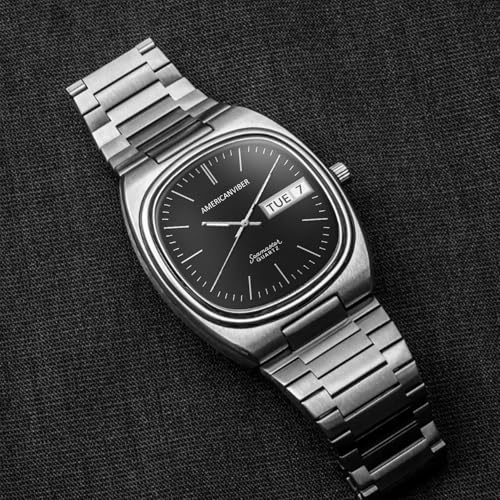 Image of AMERICANVIBER Men's Stainless Steel Classic Analog Watch, Casual & Business, with Cushion Case Dial and Day-Date Display