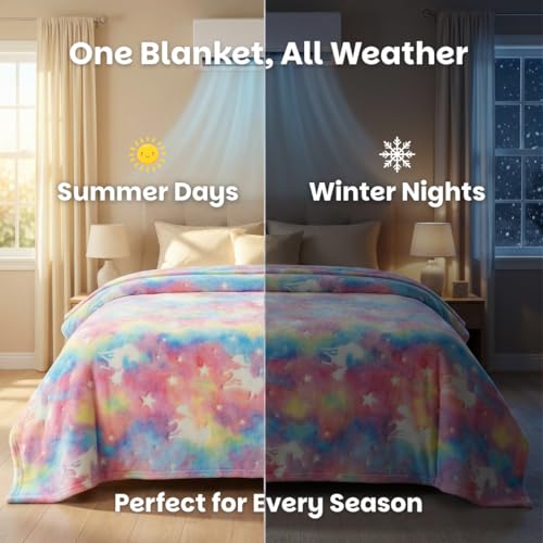 Image of Famyo Queen Size Glow in The Dark Blanket for Kids - Unicorn | 200x152 cm, 0-15 Years | Soft Flannel Fleece Throw | Cozy & Warm All-Season Glow Blanket | Ideal Gift for Boys & Girls (Pink)
