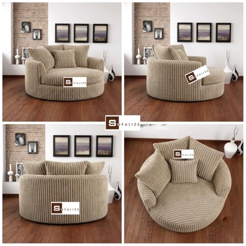 Image of SOFALIZE - Modern Barrel Accent with Pillows Round Sofa Combines Contemporary Design Oversize Arm Chair Cozy Club Chair for Bedroom, Living Room, Lounge, Hotel & Office, Hallways Sofa (Ivory)