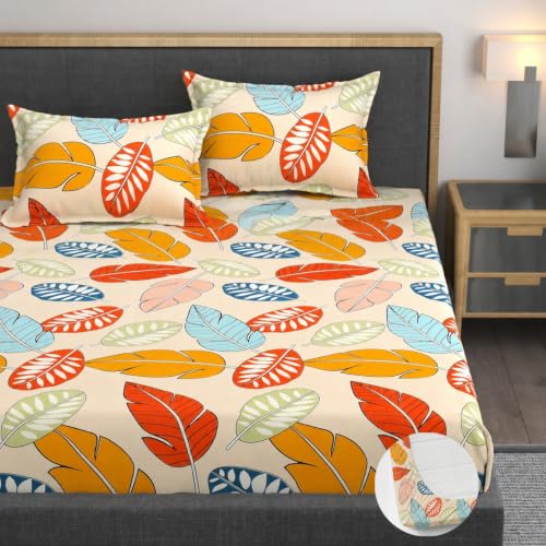 Image of Vaini Premium Heavy Cotton Elastic Fitted Bedsheets with 2 King Size Pillow Covers || Double Bed with All Around Elastic 350 (Colorfull Cordate, 72x72 Inch King Fitted)