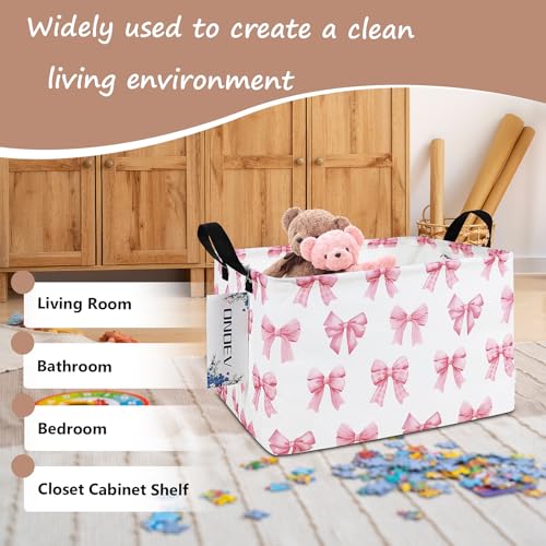 Image of Rectangular Pink Bow Closet Storage Bin, Foldable Clothes Organizer | Moisture-proof premium canvas, reinforced side grips, compact narrow rectangular bin for wardrobe, bedroom, hallway, bathroom