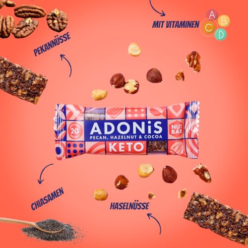 Adonis Keto Riegel Pekannuss & Schokolade | 16x 35g | Keto Snacks | Vegan & 100% natürlich | Low Carb Bar und Low Sugar Snack | Perfect Keto-Diät Bars | Glutenfrei, ohne Zuckerzusatz
