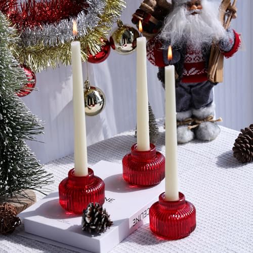 Woho TAPER RED CANDLESTICK HOLDERS Red Taper Candle Holders Set Of 4 For Christmas Decorations, Reversible Ribbed Glass Candlestick Holders For Wedding Table, Vintage Candle Sticks Holder Decor For Valentines Day Decor thumb #2