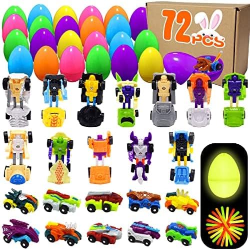 Joy Bang 72 Pcs Easter Eggs with Transformer Toys Inside, Easter Egg Fillers with Glow in the Dark Sticks Basket Stuffers Fillers Toys Party Favors Supplies Gifts for Kids