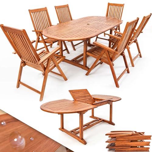 CASARIA® Conjunto de Jardín Exterior Mesa 6 Sillas Juego Comedor Patio Terraza Madera Eucalipto FSC® Asientos Ajustables 5 Posiciones Apilables Tablero Ampliable Apto Sombrilla Resistente Intemperie