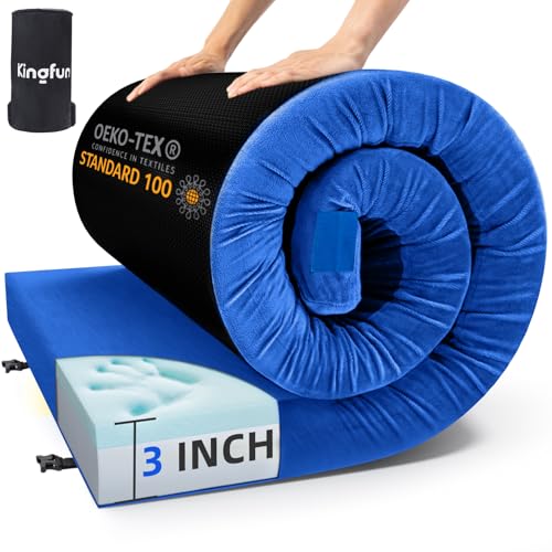 Kingfun 3 Inch CertiPUR-US Memory Foam Camping Mattress Pad, Waterproof Roll up Sleeping Pad, Thick...