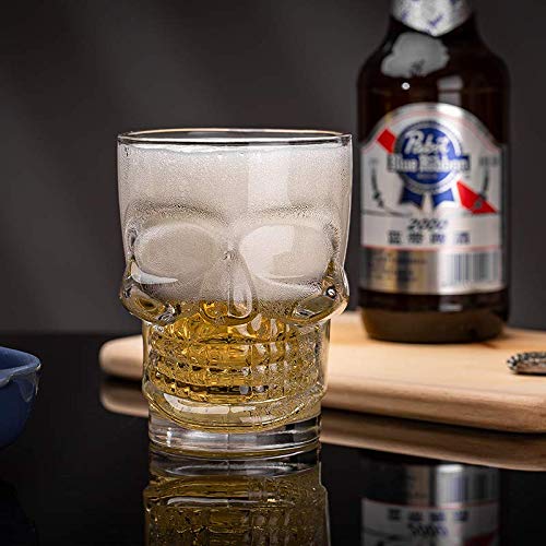 Massive Reckon® "Skull Beer Mug Drinking Glasses with Handle - Set of 4 Clear Glass Mugs, 520ml Each, Great for Beer, Cocktails, Soft Drinks, Parties, Halloween Décor, and Unique Gift Ideas