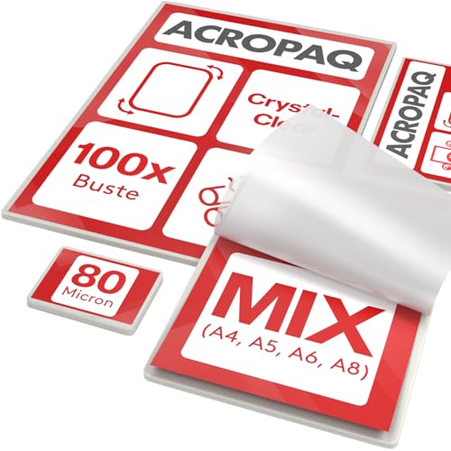 ACROPAQ Fogli plastificatrice MIX - Diversi formati, 80 micron, 100 buste (20 x A4, A5, A6), (40 x...