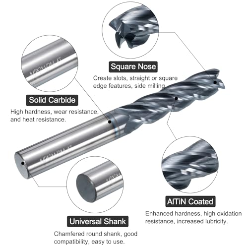 Image of uxcell Carbide Square End Mill, 1 /2 inch Dia AlTiN Coated 4 Flutes Milling Bit Cutter, for Carbon Steel Alloy Steel Titanium Metal, 1 /2 inch Shank 2 inch Cut Length 4 inch Extra Long HRC50