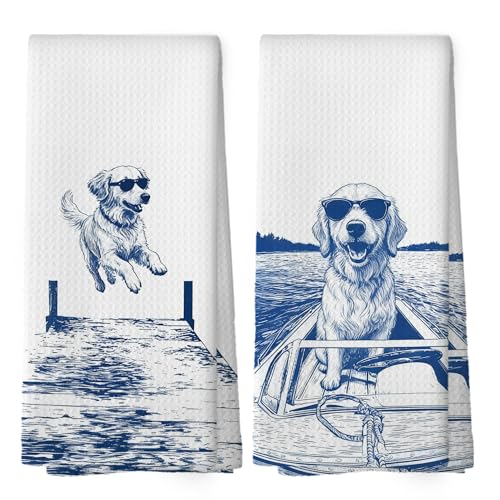 Mcehtle Lake House Decor Golden Retriever Kitchen Towels Set of 2, Summer Funny Lake Dog Coastal Bathroom Hand Towel, Dog Lover Gifts Tea Towel Dish Towels 16x24 Inch