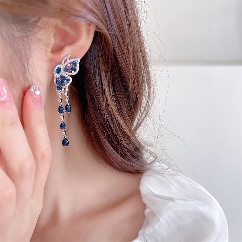 14K Gold Butterfly Shaped Dangle Earrings with Long Tassel Drop, Colorful Moissanite Women's Earrings, Ideal for Birthdays & Everyday Wear