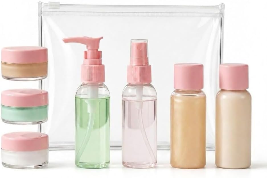 Temperia Travel Bottles for Toiletries (7pcs) - Refillable Empty Mini Containers with Pouch (Random Colors) - Travelling Accessories & Essentials Kit Set for Shampoo, Cosmetics, and More