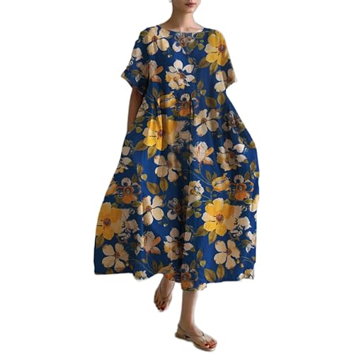 Women's Summer Casual Boho Floral Short Sleeve Maxi Dress Plus Size Cotton Beach Tshirt Dress with Pockets