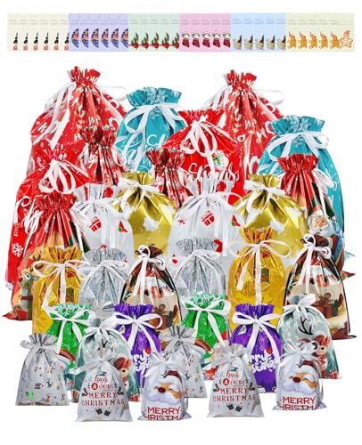 atnayo 32 Pcs Foil Christmas Drawstring Gift Bags Gift Bags for Presents 16 Design 6 Large Medium Small Size for Presents Xmas Party Holiday Decorations