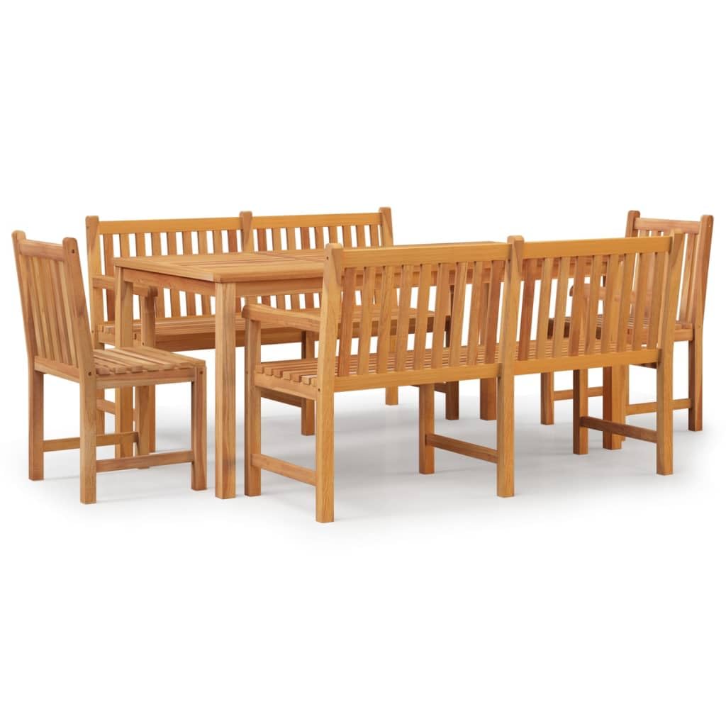 Gruppo da giardino in teak massiccio, 180 x 90 cm, con 2 panche e 2 sedie, design moderno, resistente alle intemperie, robusto, per balcone, terrazza e giardino
