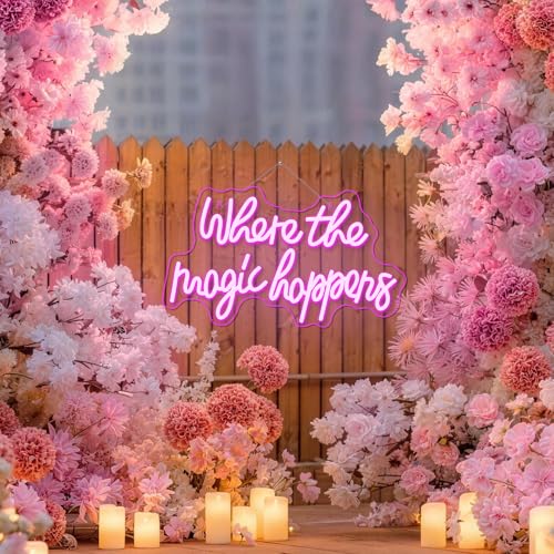 Image of Where The Magic Happens Neon Sign Led Pink Word Light Up Signs for Wall Decor Usb Powered Letter Neon Light Signs Indoor Light for Bedroom Salon Decor Wedding Birthday Party Bar Man Cave