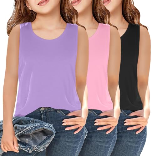 Image of Girls Sleeveless Basic Tank Tops Round Neck Tanks | 5-14 Years, Kids Loose Crewneck Tanks, Cute Classic Top, Lightweight Soft and Breathable, Casual Daily Wear