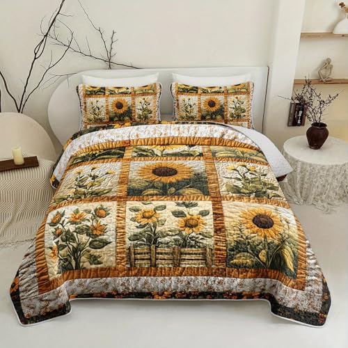 Tuzaovy Sunflower Patchwork Quilt Bedding Set Queen Size for Girls and Kids Sunflower Field Bedspread Sets Rustic Farmhouse Bedroom Decor Yellow Flowers Bed Cover Queen for Boys Girls Room Decor