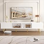 Bestier 70 inch High Gloss TV Stand for 75 inch TV, Modern TV Stand with Storage, Media Console with Fluted Sliding Doors, Entertainment Center for Living Room, Cord Management, Bright White