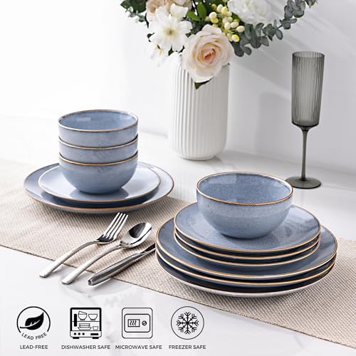 Image of GBHOME Ceramic Dinnerware Sets for 4, 12 Pieces Stoneware Plates and Bowls Sets, Reactive Glaze Dishes -Scratch Resistant, Dishwasher&Microwave Safe- Brunnera Blue