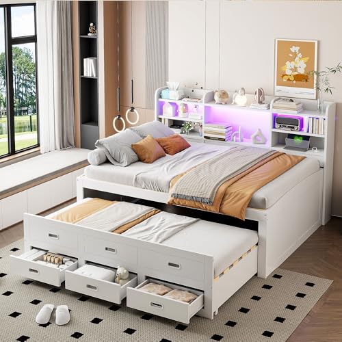 YuQozii Sofá cama, luz ambiental con mando a distancia, 3 cajones, mesita de noche, cama nido multifuncional con USB + conectores tipo C, colchón no incluido, color blanco (140 x 200 cm)