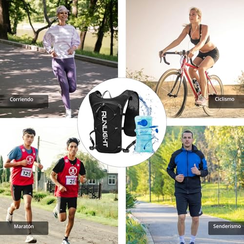 Runlight Chaleco de running para hombre y mujer, correas ajustables, chaleco de carrera con botella de agua de 1500 ml (negro, talla única) - imagen 8
