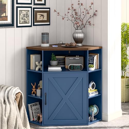 Image of Halitaa Corner Storage Cabinet, Farmhouse Corner Bookshelf with Storage 6-Cubby Wooden Cabinet with USB Ports and Outlets Industrial Organizer for Small Space, Study, Playroom, Blue and Brown