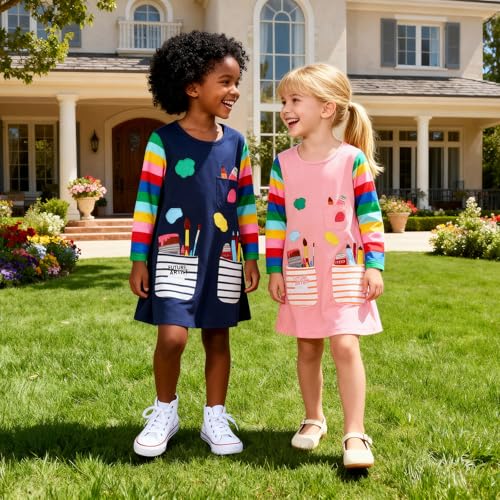 Image of Hongshilian Little Girls Cotton Casual Dress Cartoon Print T-Shirt Short Sleeve Skirt Dresses