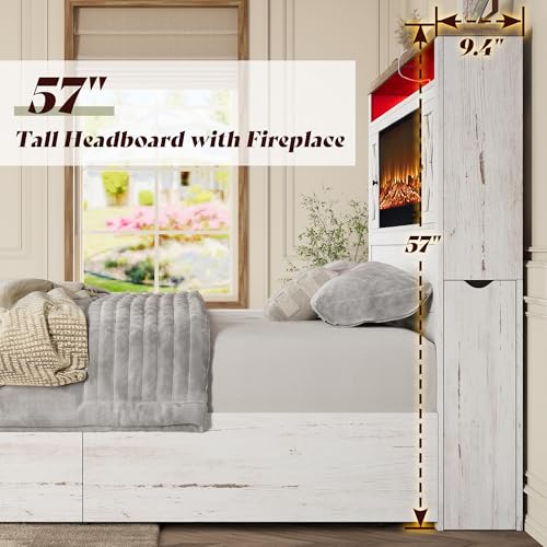 Image of AMERLIFE Queen Fireplace Bed Frame with Storage & Headboard, White