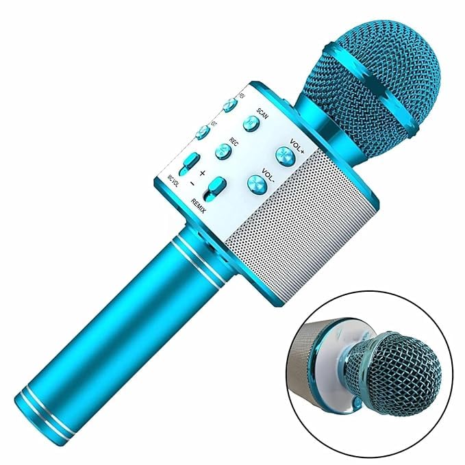 Image of VRJTEC 2-in-1 Wireless Karaoke Mic with Inbuilt Speaker | Portable Singing Microphone with Audio Recording Card Slot Aux Port USB Charging | Ideal for Home Parties Events (Blue & Silver)