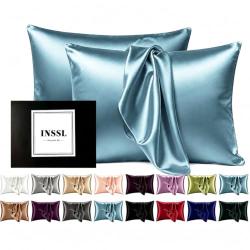 Mulberry Silk Pillow Cases for Hair and Skin, Queen, Blue Gray, Set of 2