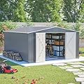 YOPTO 12x14FT Outdoor Storage Shed Metal Shed W/Floor Frame,Garden Tool House W/ 4 Air Vents,Lockable Double Doors & Sloped Roof,for Patio,Lawn,Backyard,Light Gray