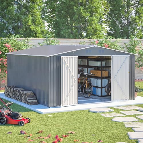 Image of YOPTO 12x14FT Outdoor Storage Shed Metal Shed W /Floor Frame,Garden Tool House W / 4 Air Vents,Lockable Double Doors & Sloped Roof,for Patio,Lawn,Backyard,Light Gray