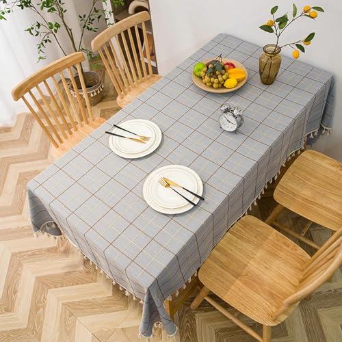 Nappe rectangulaire polyester grise 140x200 table basse motif géométrique à pompon